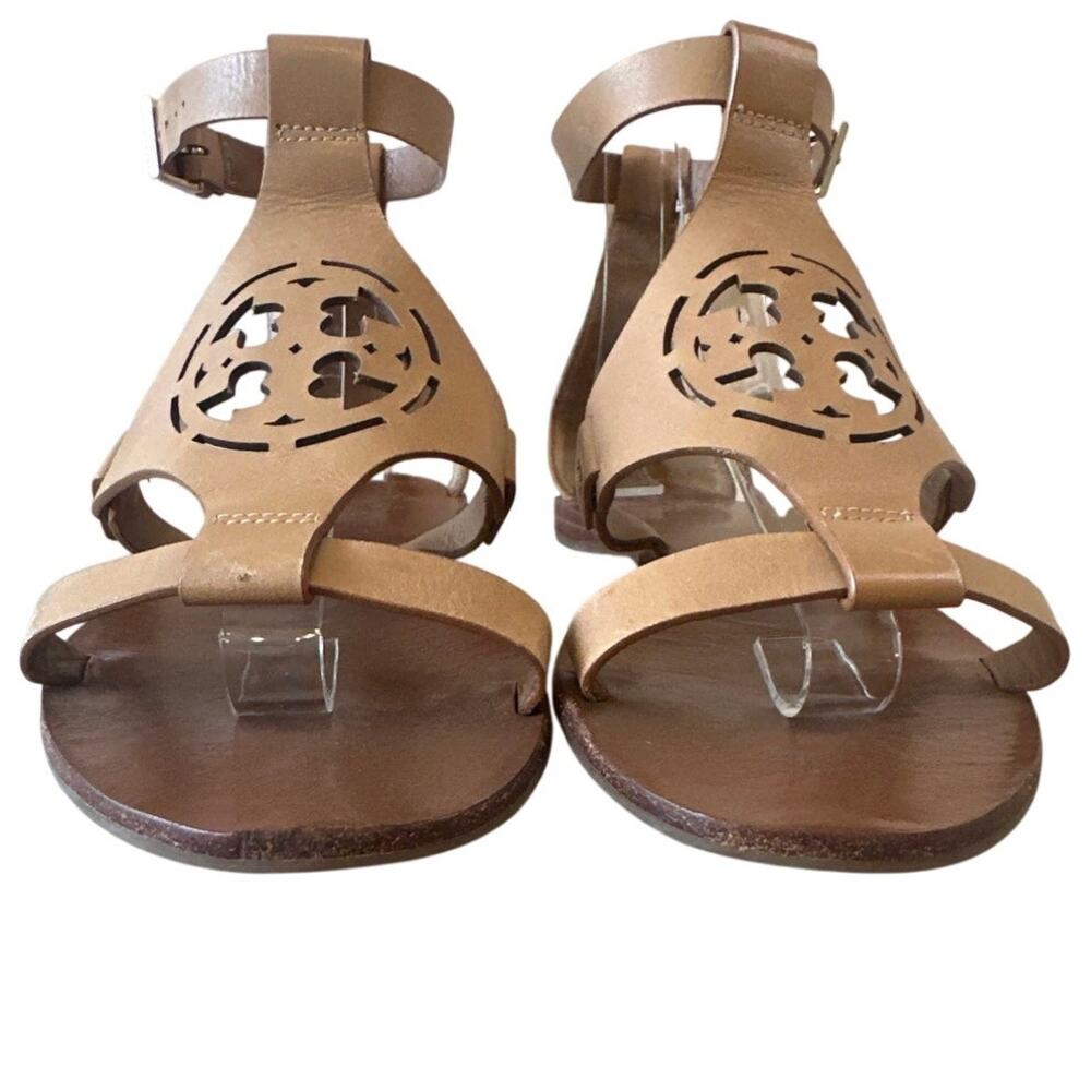 Tory Burch Zoey Leather Sandals‎ Tan Cutout Logo Flat Size 8 - Picture 2 of 13